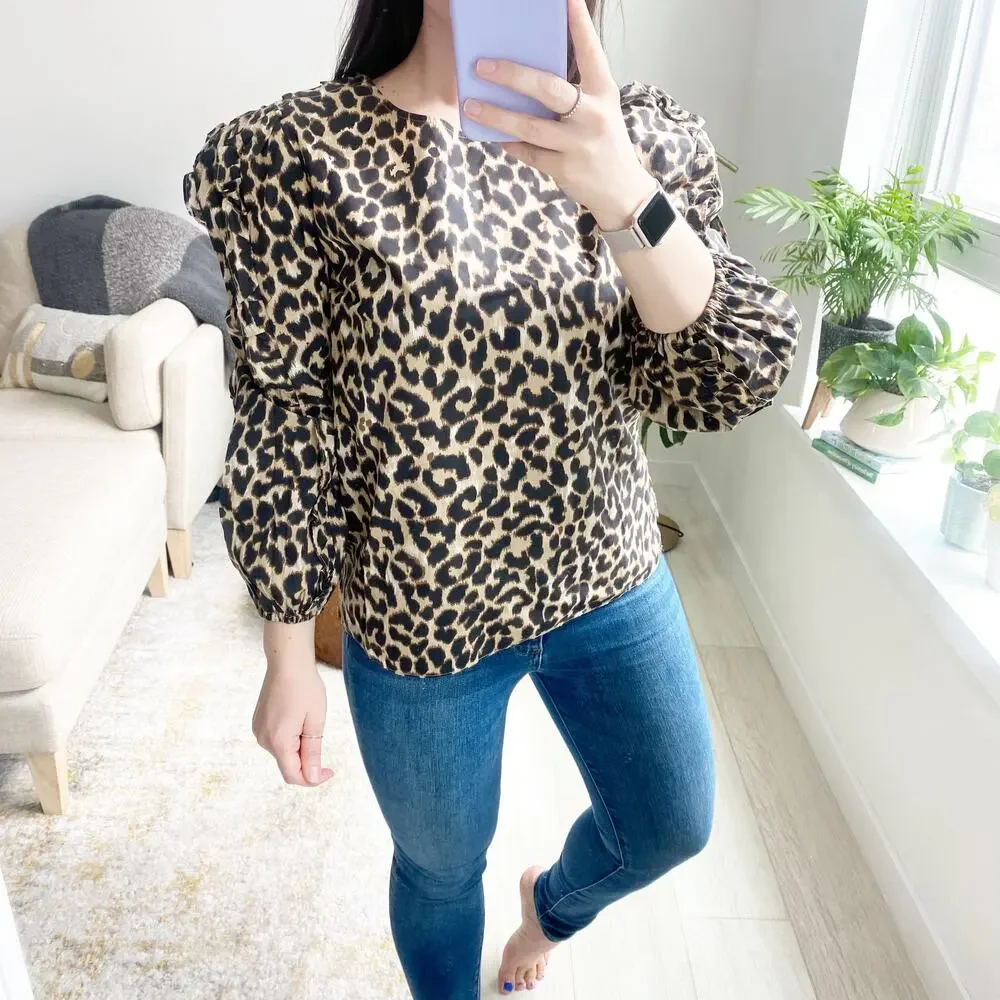 NEW J. Crew Animal Print Ruffle Sleeve Blouse Size Small